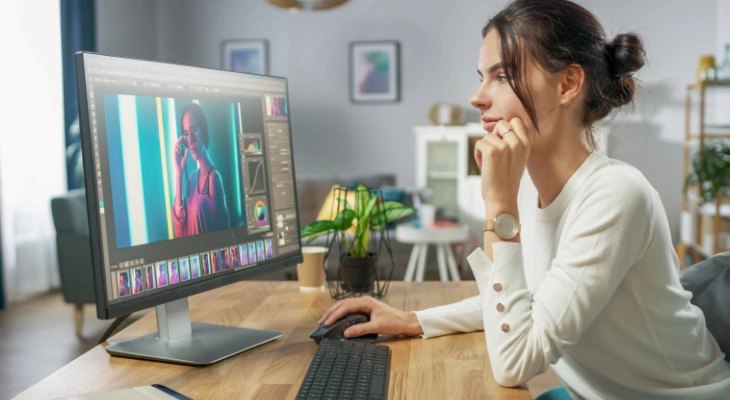 A girl using an editing software to enhance product images, improve quality, & remove imperfections.