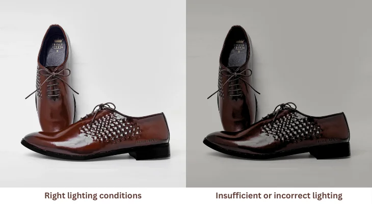 Shoes were displayed under varying lighting conditions, highlighting differences in color & texture.