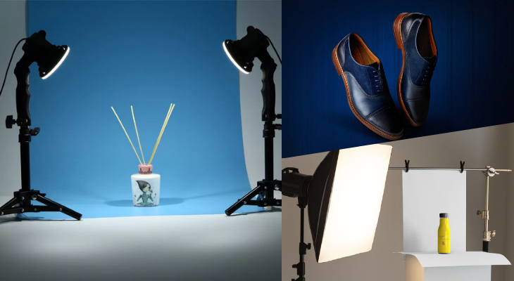 A professional photo studio taking photo's of bangle, dried amla & murukku on a vibrant background 