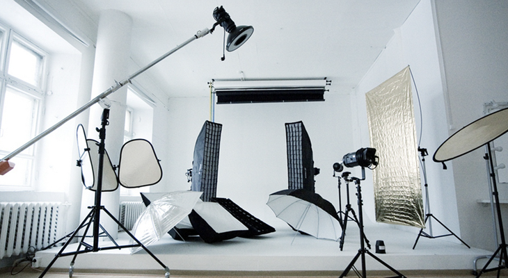 Product photography studios need lighting, cameras, tripods, backdrops, and editing tools.