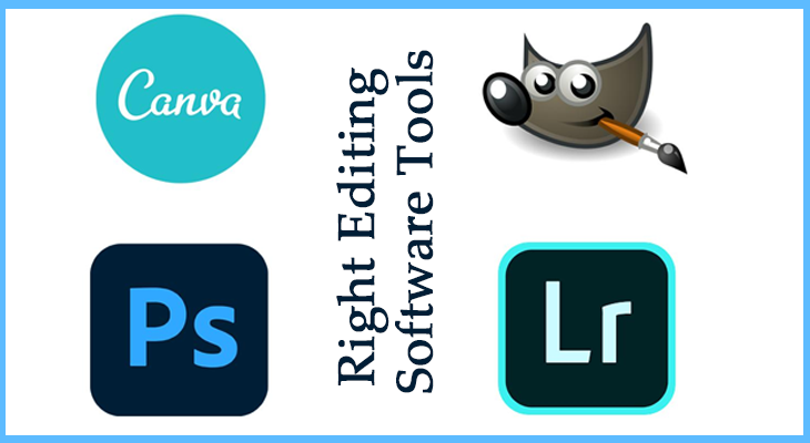 Logos of Canva, Photoshop, Lightroom, &GIMP, showcasing editing software for graphic design.