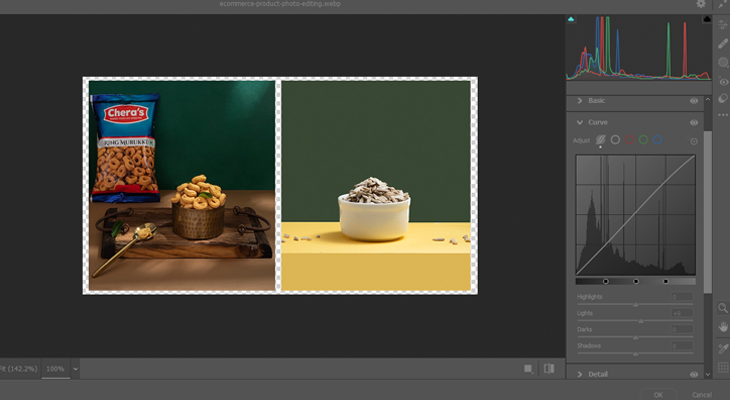 A photo editing workspace showing white balance adjustments for enhancing product images.