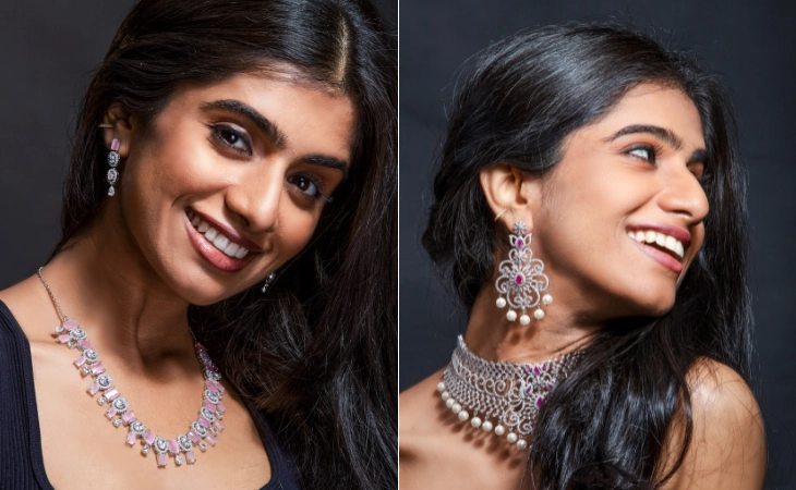 Smiling woman showcasing intricate earrings and necklace in vibrant lifestyle photoshoot lighting.