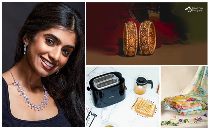 A collection of images showcasing a woman wearing elegant jewelry, complemented by a modern kitchen setting.